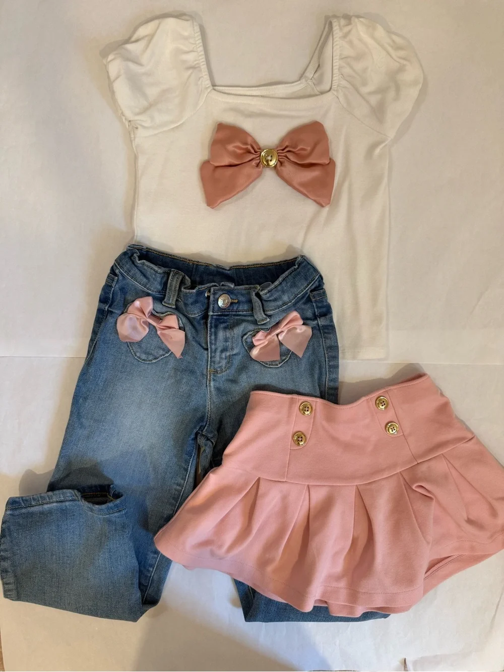 Gymboree White Top with Pink Bow & Pink Skort and Denim Jeans Set